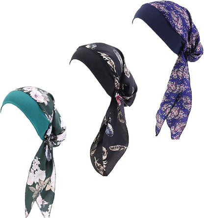 Pre Tied Chemo Head Scarf 3 Packed Beanie Skull Cover Cap for Women (Set6-Long Style) Apparel & Accessories > Clothing Accessories > Bandanas & Headties Qovelly L16- 3 Packed  