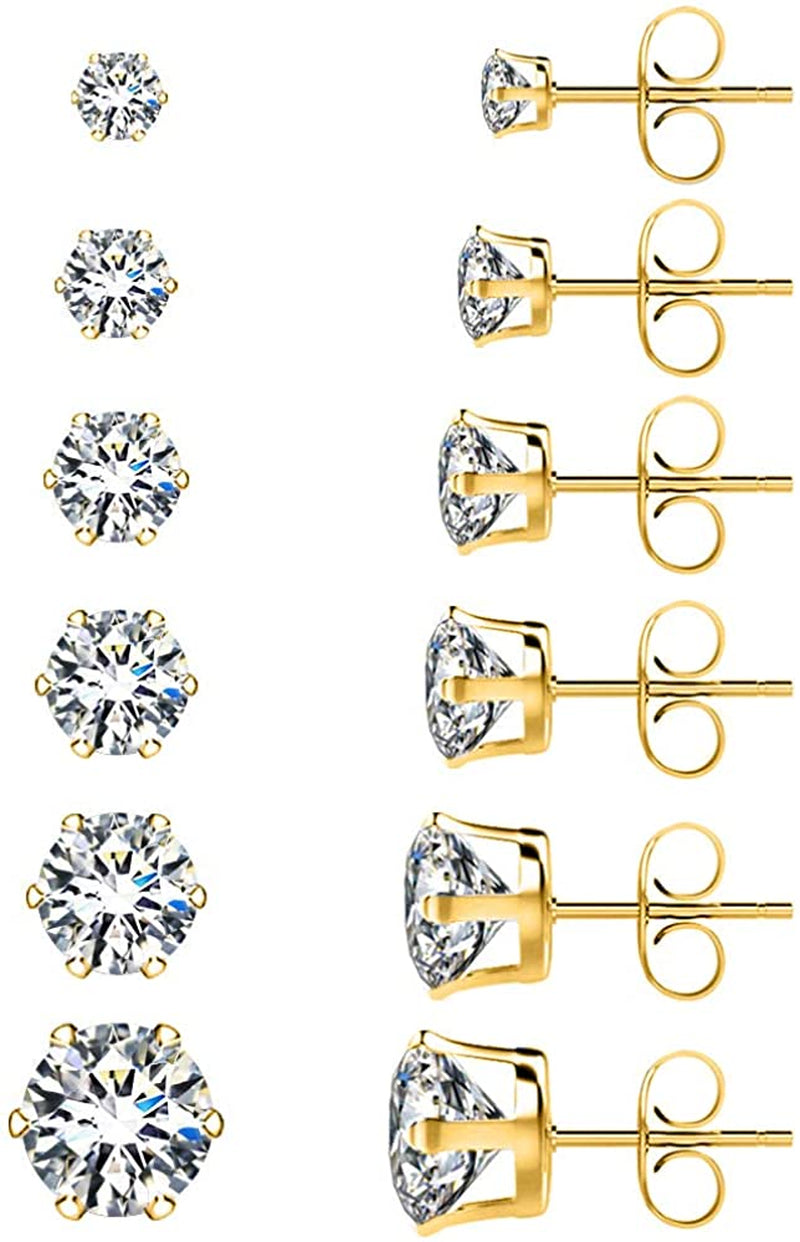 UHIBROS 6 Pairs Stainless Steel Stud Earrings Set Hypoallergenic Cubic Zirconia 14K White Gold 316L CZ Earrings Apparel & Accessories > Jewelry > Earrings UHIBROS Gold  