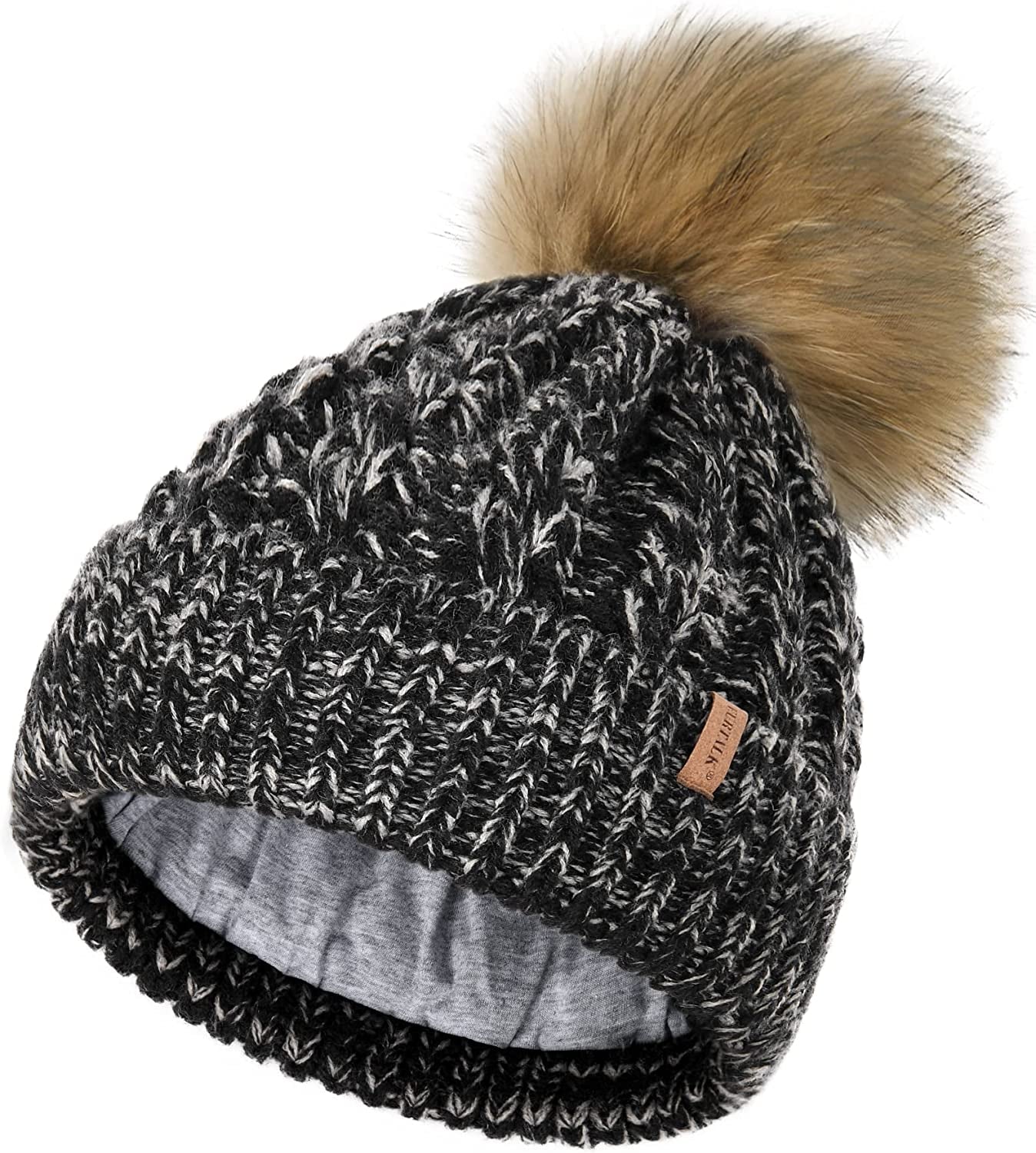 FURTALK Winter Beanie Hat for Women Cotton Lined Faux Fur Pom Pom Hats Womens Warm Thick Knit Skull Cap Apparel & Accessories > Clothing Accessories > Hats KYLIE MAX 08 Black Grey One Size 