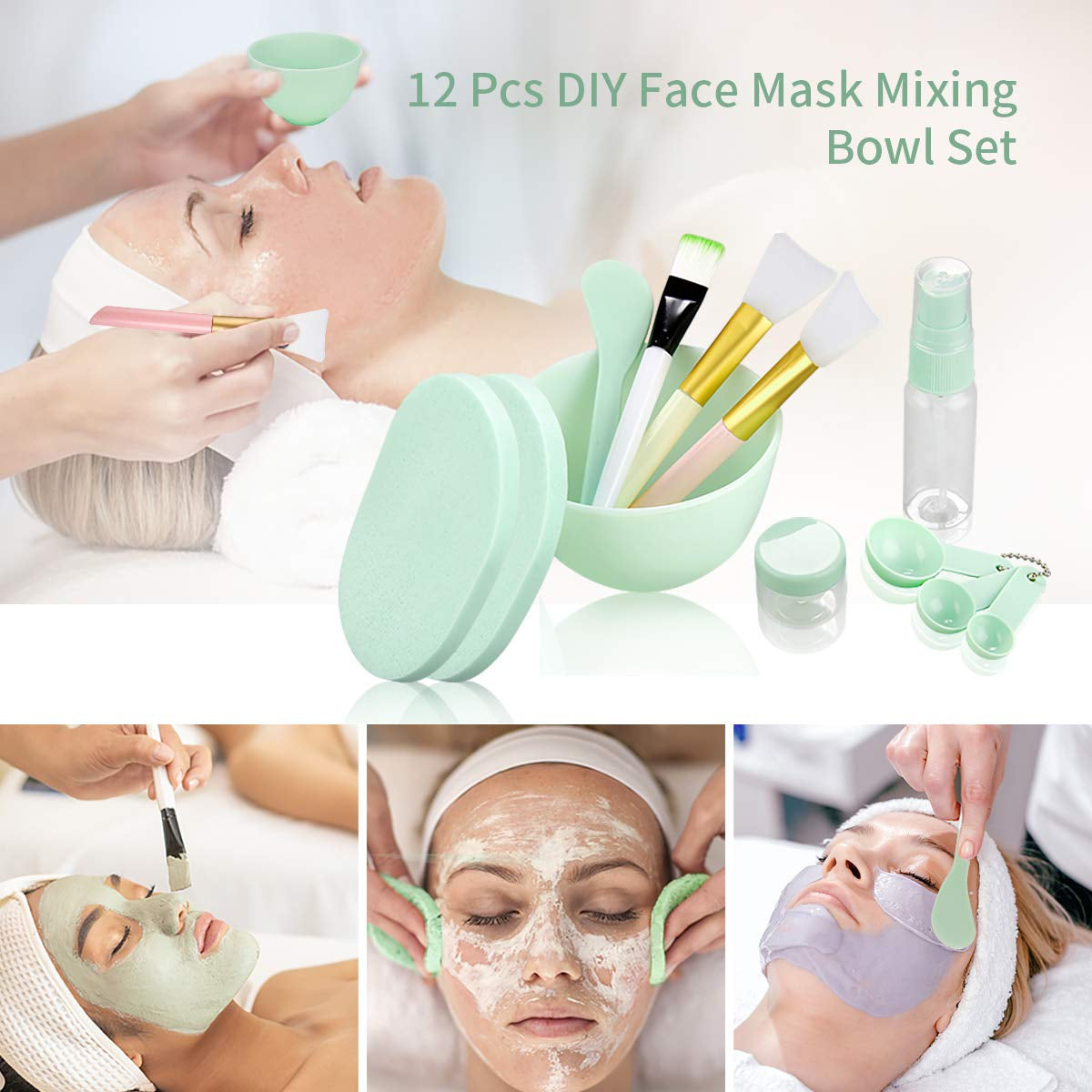 Face Mask Mixing Bowl Set, Boujean 12 Pcs DIY Facemask Mixing Tool Kit with Silicone Facial Mask Bowl Stick Spatula Silicone Brush Spray Bottle Puff Soaking Bottle Gauges Green Health & Beauty > Personal Care > Cosmetics > Cosmetic Tools > Skin Care Tools Boujean   