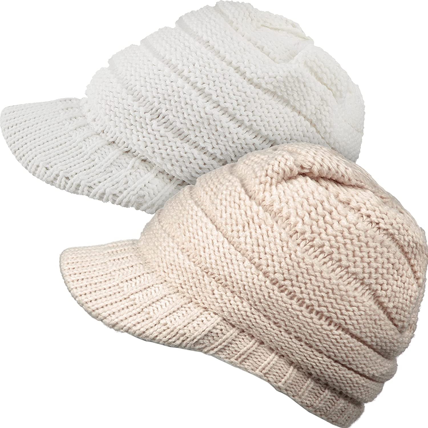 SATINIOR Women Winter Knit Hat Winter Brim Beanie Hats for Women Slouchy Beanie Cap with Visor Warm Newsboy Skull Cap Apparel & Accessories > Clothing Accessories > Hats SATINIOR Beige, White 2 