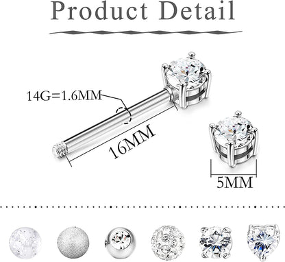 FINREZIO 6-8 Pairs 14G Nipple Rings 316L Surgical Steel Heart CZ Tongue Barbell Body Piercing Shield Ring Set 5/8 Inches Apparel & Accessories > Jewelry > Body Jewelry FINREZIO   