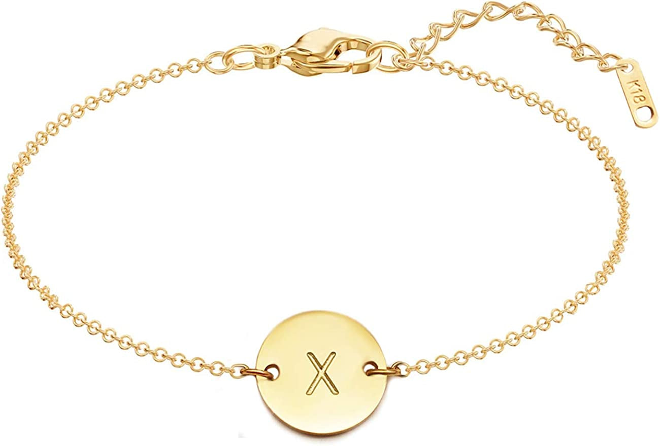Glimmerst Personalized Initial Bracelet, 18K Gold Plated Stainless Steel Letter Bracelet Dainty Coin Charm Bracelet Delicate Disc Name Bracelet for Women Girls Apparel & Accessories > Jewelry > Bracelets Glimmerst X  
