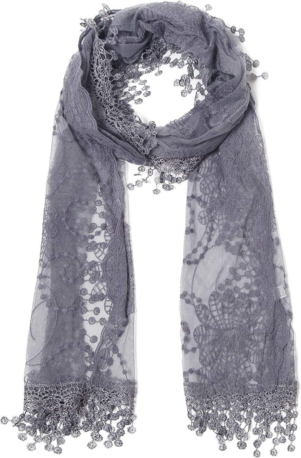 Cindy and Wendy Lightweight Soft Leaf Lace Fringes Scarf Shawl for Women Apparel & Accessories > Clothing Accessories > Scarves & Shawls Cindy and Wendy Tyh-gray  
