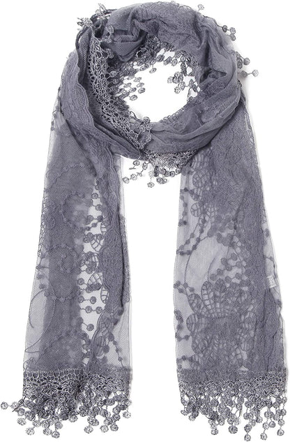 Cindy and Wendy Lightweight Soft Leaf Lace Fringes Scarf Shawl for Women Apparel & Accessories > Clothing Accessories > Scarves & Shawls Cindy and Wendy Tyh-gray  