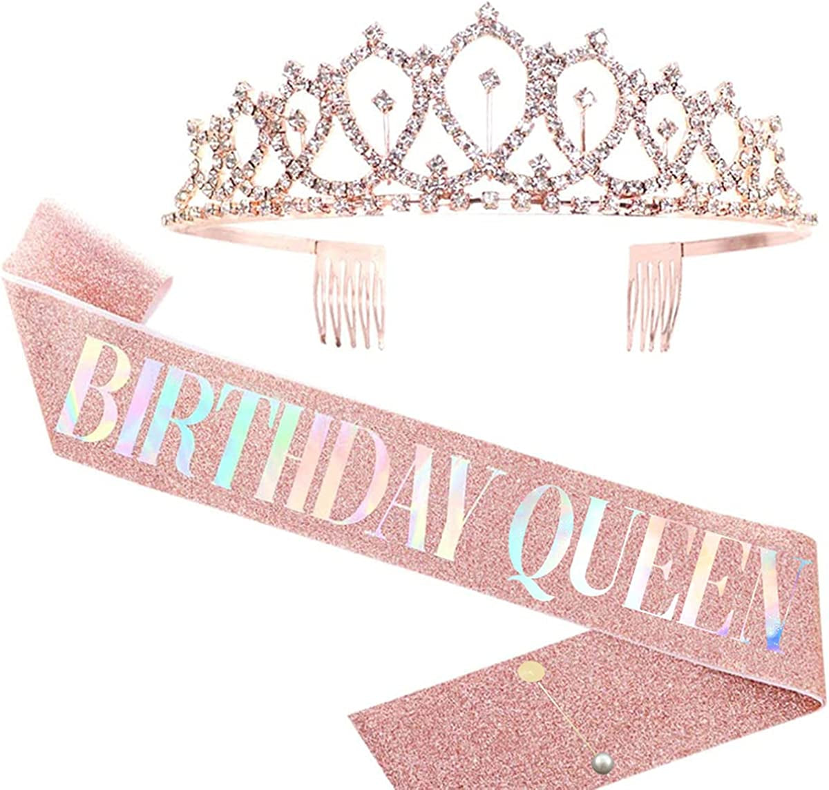 LATFZ Birthday Bitch Sash & Crown Tiara Kit - Black Glitter Birthday Sash Birthday Gifts for Women Birthday Party Supplies Apparel & Accessories > Clothing Accessories > Sashes LATFZ Birthday Queen,rose Pink  