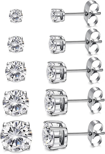 Women'S 14K Gold Plated CZ Stud Earrings Simulated Diamond round Cubic Zirconia Ear Stud Set（5 Pairs) Apparel & Accessories > Jewelry > Earrings Kainier 14K White  
