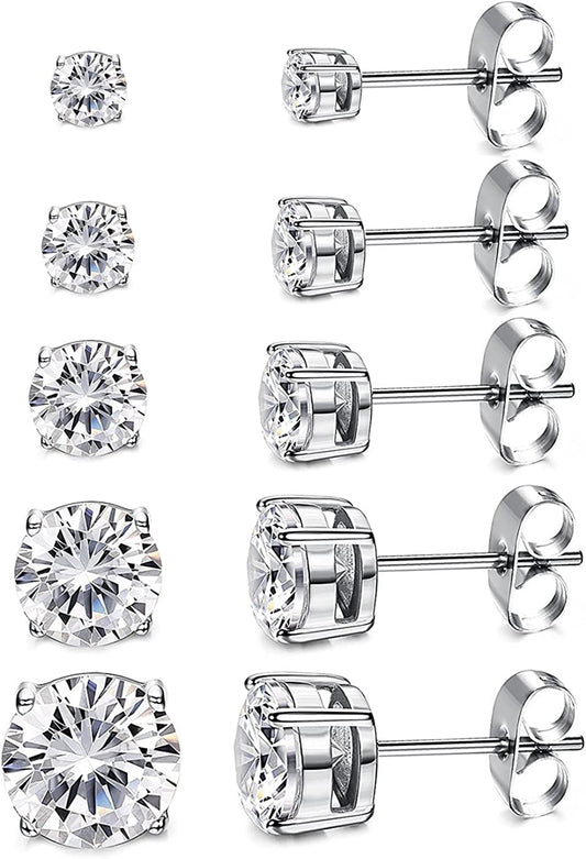 Women'S 14K Gold Plated CZ Stud Earrings Simulated Diamond round Cubic Zirconia Ear Stud Set（5 Pairs) Apparel & Accessories > Jewelry > Earrings Kainier 14K White  