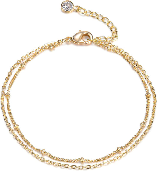 Women Dainty Anklet,14K Gold Plated Satellite Anklet Double Layered Cute Beads Chain Tassel Coin Disc Heart Summer Ankle Bracelet Boho Beach Foot Chain Apparel & Accessories > Jewelry > Anklets Befettly Beads Chain  