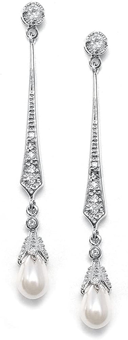 Mariell Slender Cubic Zirconia Vintage Dangle Earrings with Freshwater Pearl Drops for Brides or Weddings Apparel & Accessories > Jewelry > Earrings Mariell   