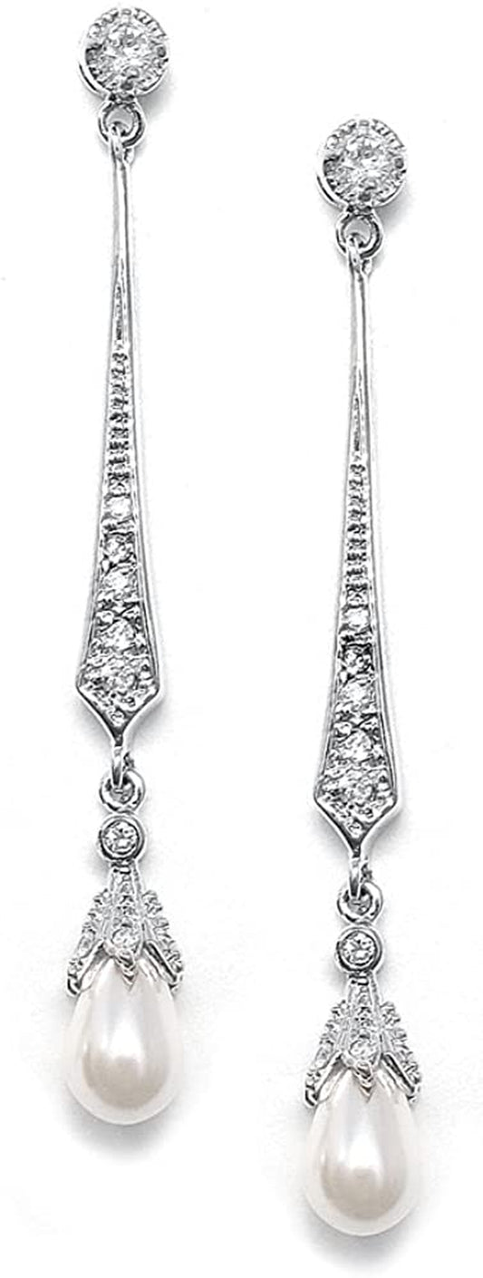Mariell Slender Cubic Zirconia Vintage Dangle Earrings with Freshwater Pearl Drops for Brides or Weddings Apparel & Accessories > Jewelry > Earrings Mariell   