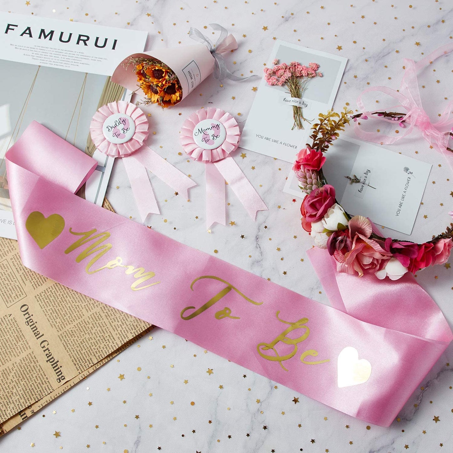 SATINIOR Baby Shower Sash, Mom to Be Sash and Pin with Floral Crown for Mom and Dad Kit for Baby Shower Party Favors Decorations (Style Set 2) Apparel & Accessories > Clothing Accessories > Sashes SATINIOR   