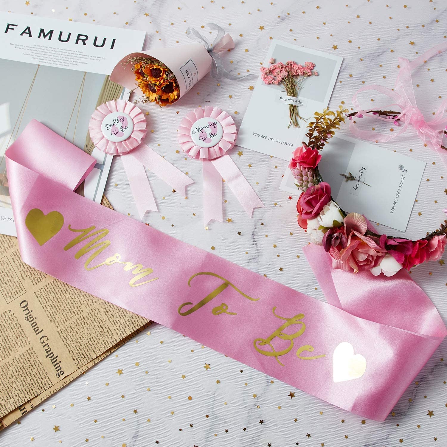SATINIOR Baby Shower Sash, Mom to Be Sash and Pin with Floral Crown for Mom and Dad Kit for Baby Shower Party Favors Decorations (Style Set 2) Apparel & Accessories > Clothing Accessories > Sashes SATINIOR   