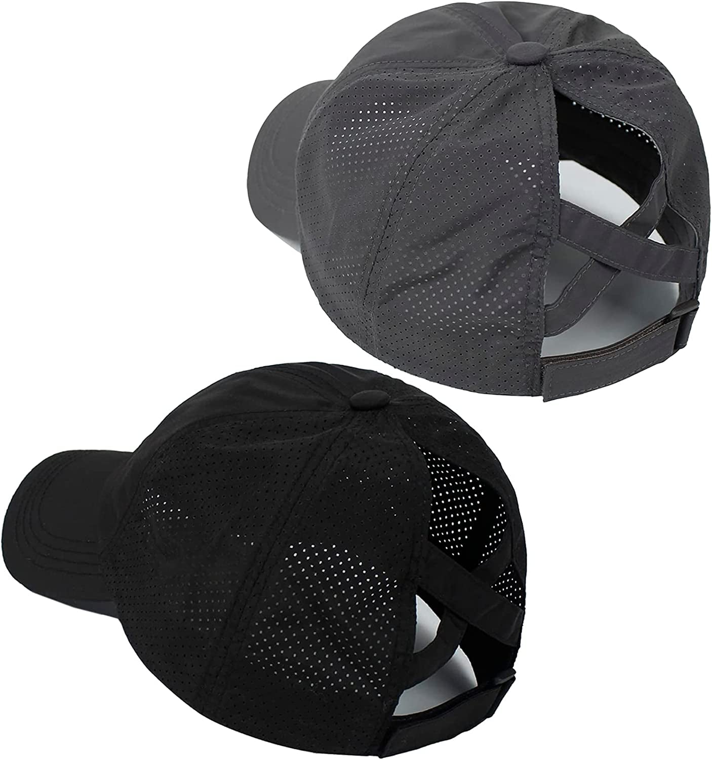 HGGE 2 Pack Womens Criss Cross Ponytail Baseball Caps Adjustable High Messy Bun Ponycap Quick Drying Hat Apparel & Accessories > Clothing Accessories > Hats HGGE Black & Dark Gray  