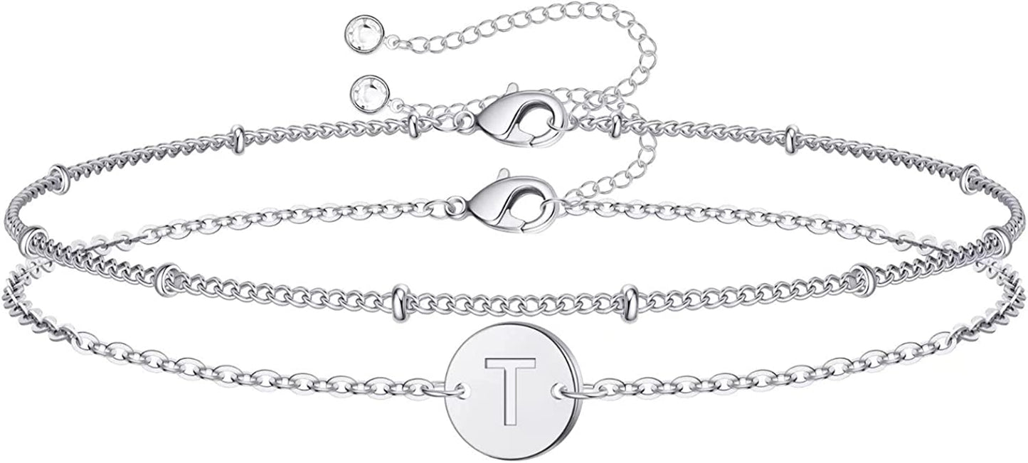 Silver Initial Bracelets for Women Teen Girls, 14K White Gold Filled Layered Letter Initial Bracelet Dainty Disc Initial Charm Bracelets Silver Bracelets for Women Girls Jewelry Gifts for Girls Apparel & Accessories > Jewelry > Bracelets MONOZO T  