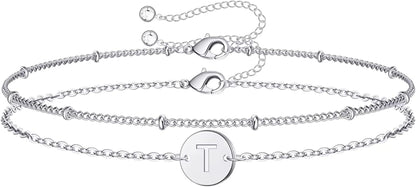 Silver Initial Bracelets for Women Teen Girls, 14K White Gold Filled Layered Letter Initial Bracelet Dainty Disc Initial Charm Bracelets Silver Bracelets for Women Girls Jewelry Gifts for Girls Apparel & Accessories > Jewelry > Bracelets MONOZO T  