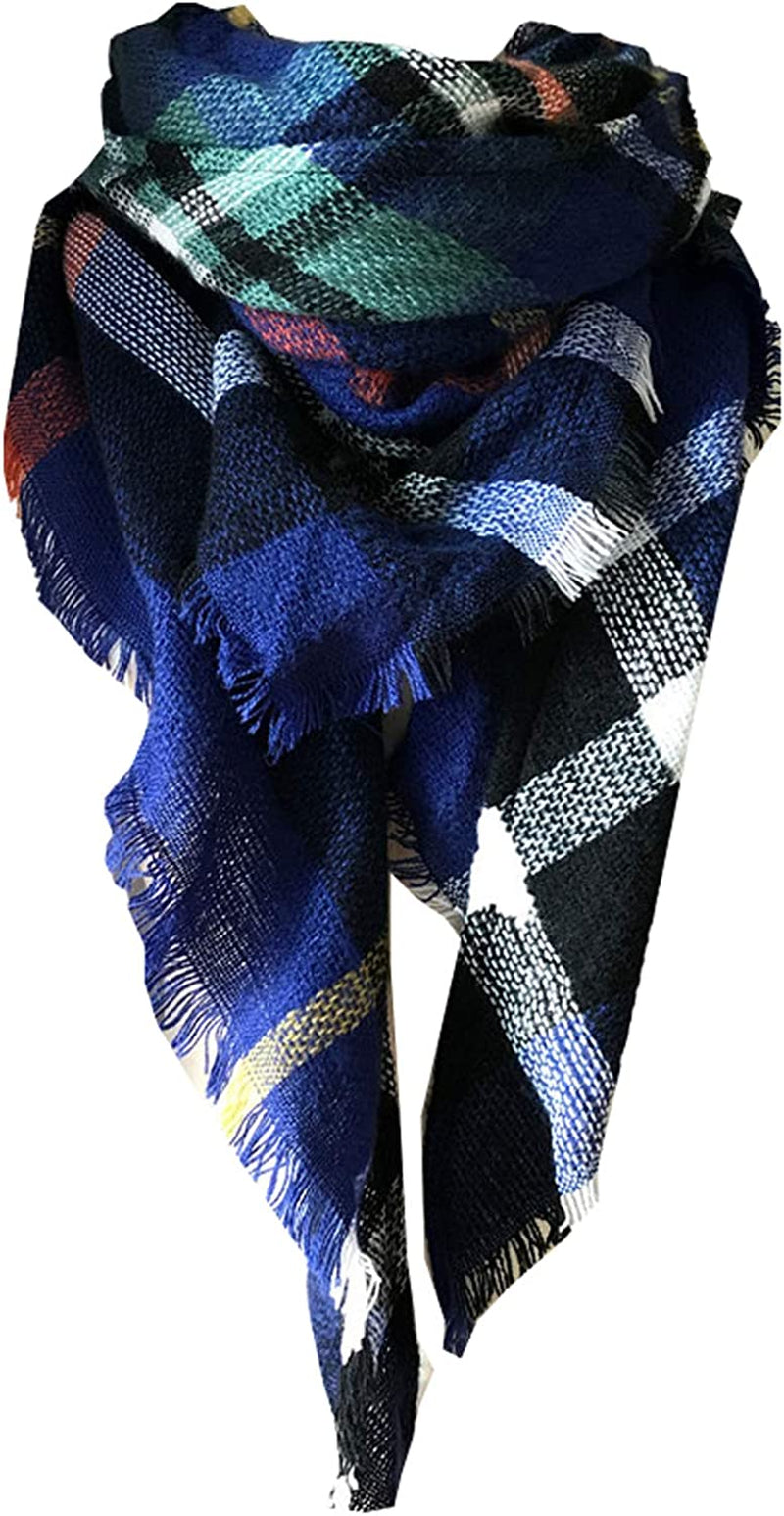 Wander Agio Womens Warm Long Shawl Winter Wraps Large Scarves Knit Cashmere Feel Plaid Triangle Scarf Apparel & Accessories > Clothing Accessories > Scarves & Shawls Wander Agio Sapphire Blue  