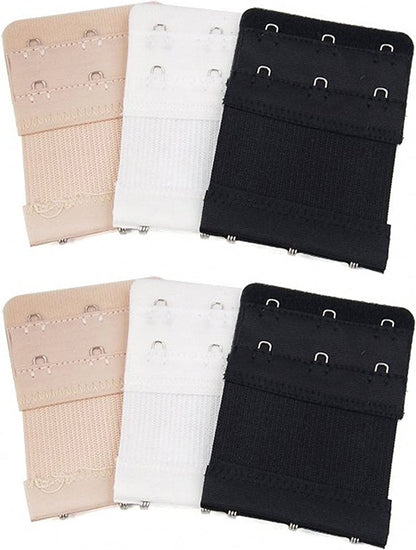 6Pcs Women Ladies Soft Comfortable Back Bra 2 Hooks / 3 Hooks / 4 Hooks Band Extension Strap Extender, White/Black/Khaki 3 Hooks