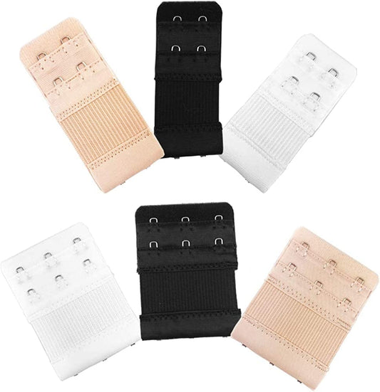 6Pcs Women Ladies Soft Comfortable Back Bra 2 Hooks / 3 Hooks / 4 Hooks Band Extension Strap Extender, White/Black/Khaki 2 With 3 Hooks