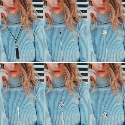 6Pcs Women Long Sweater Necklace Silver Plated Rhinestone Flower Tassel Pendant Neckace Jewelry Women Gifts 6pcs a Set