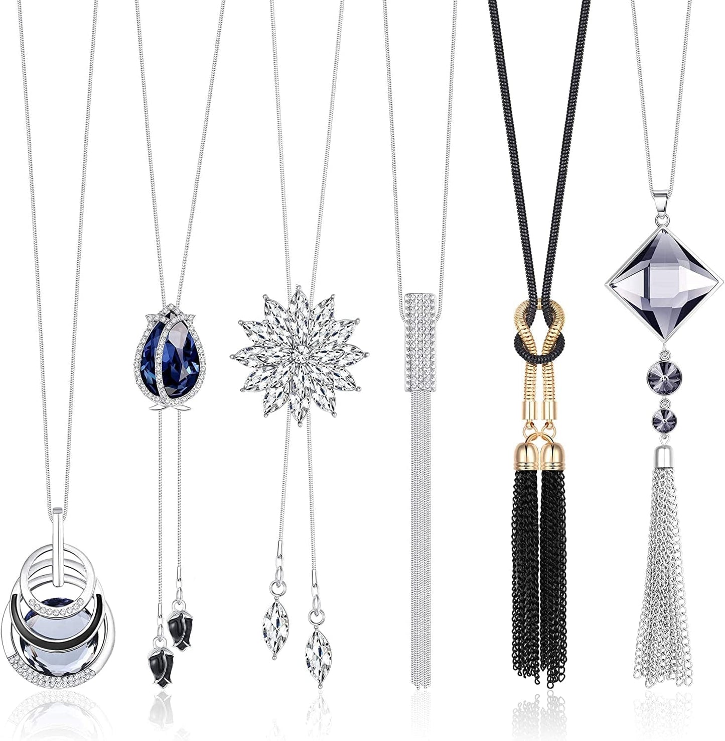 6Pcs Women Long Sweater Necklace Silver Plated Rhinestone Flower Tassel Pendant Neckace Jewelry Women Gifts 6pcs a Set