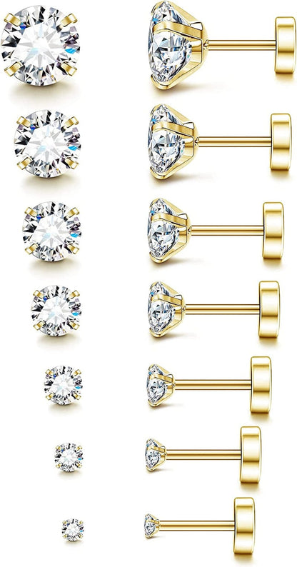 7-12Pairs 20G Hypoallergenic Brithstone Stud Earrings for Women Men Flatback Earrings Stainless Steel Cubic Zirconia Earrings Piercing Ear Cartilage E. 7Pairs, 2-8mm 14k gold plated
