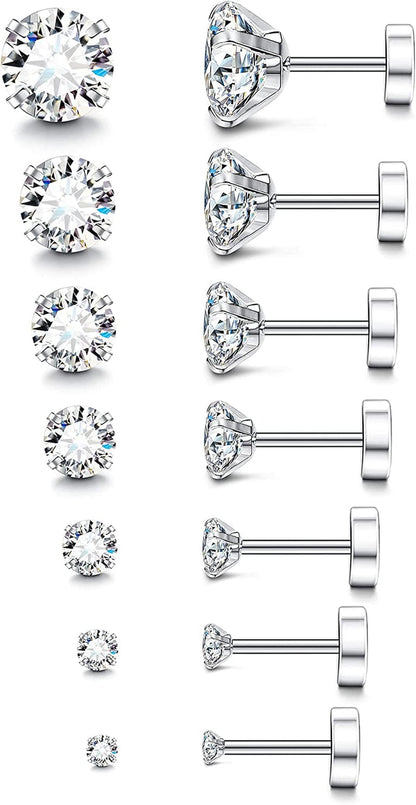 7-12Pairs 20G Hypoallergenic Brithstone Stud Earrings for Women Men Flatback Earrings Stainless Steel Cubic Zirconia Earrings Piercing Ear Cartilage A. 7Pairs, 2-8mm cz