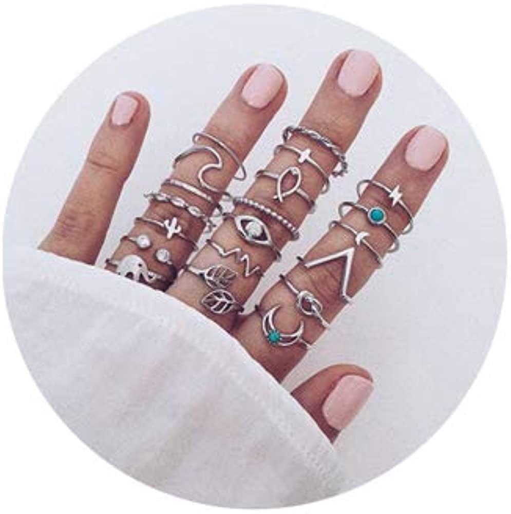 7-19Pcs Silver Star Moon Knuckle Ring Set for Women Girls Vintage Stackable Midi Finger Rings Set B: Turquoise Moon