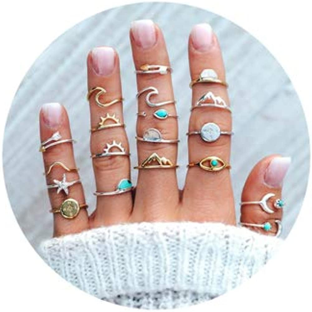 7-19Pcs Silver Star Moon Knuckle Ring Set for Women Girls Vintage Stackable Midi Finger Rings Set A2: Silver&Gold