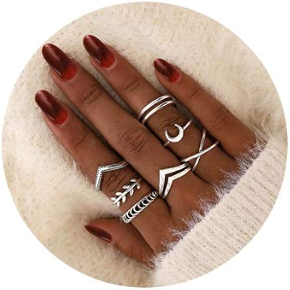 7-19Pcs Silver Star Moon Knuckle Ring Set for Women Girls Vintage Stackable Midi Finger Rings Set A: Shiny Silver Plated