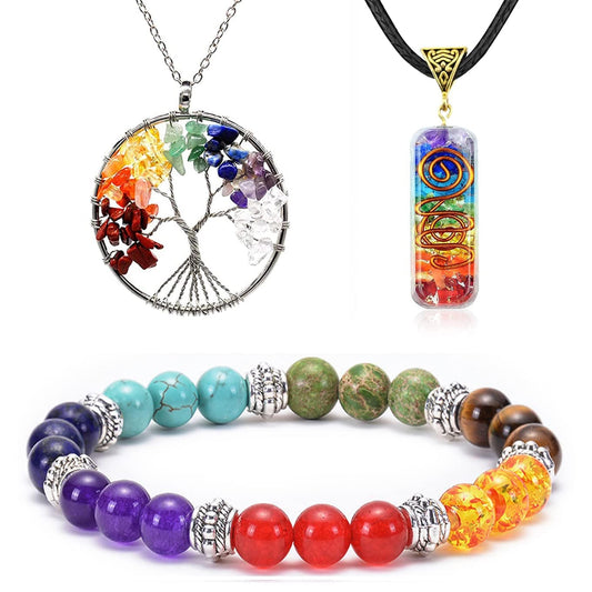 7 Chakra Crystals Healing Bracelet Necklace Stone Tree of Life Pendant Positive Energy Yoga Spiritual Natural Gemstone Jewelry Set