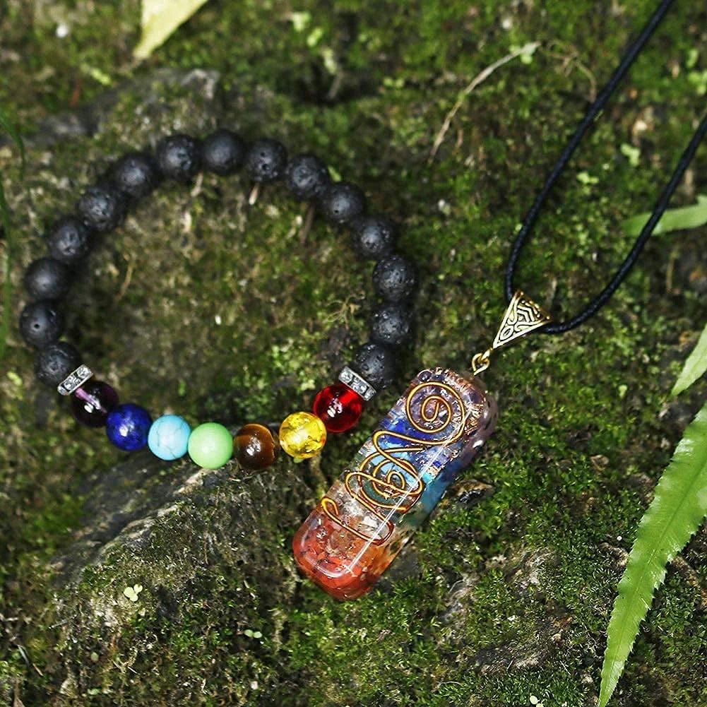 7 Chakra Necklace and Bracelet Set for Women & Men Orgone Healing Pendant with Adjustable Cord – Chakra Necklace and Bracelet Jewelry Set for Spiritual Healing