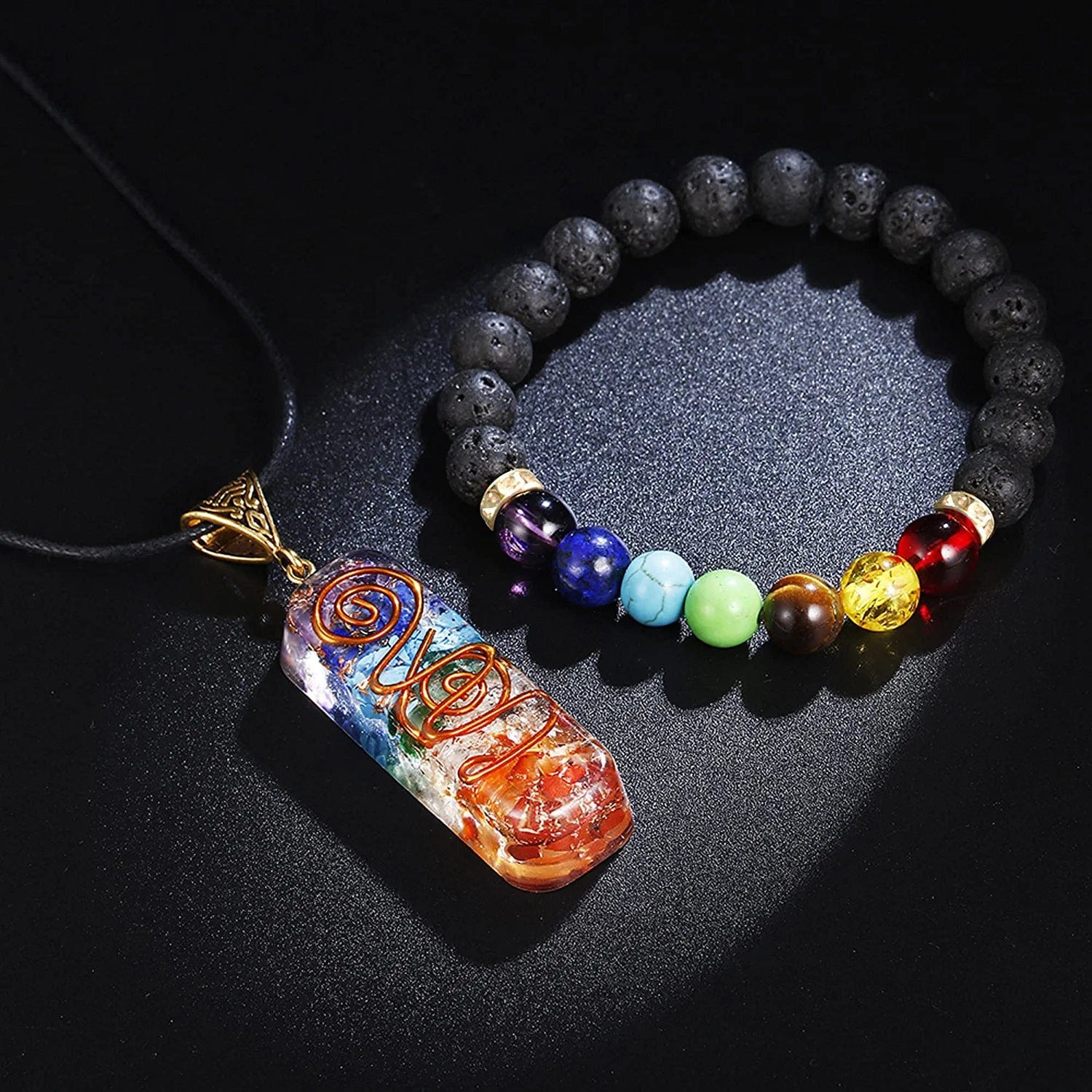 7 Chakra Necklace and Bracelet Set for Women & Men Orgone Healing Pendant with Adjustable Cord – Chakra Necklace and Bracelet Jewelry Set for Spiritual Healing