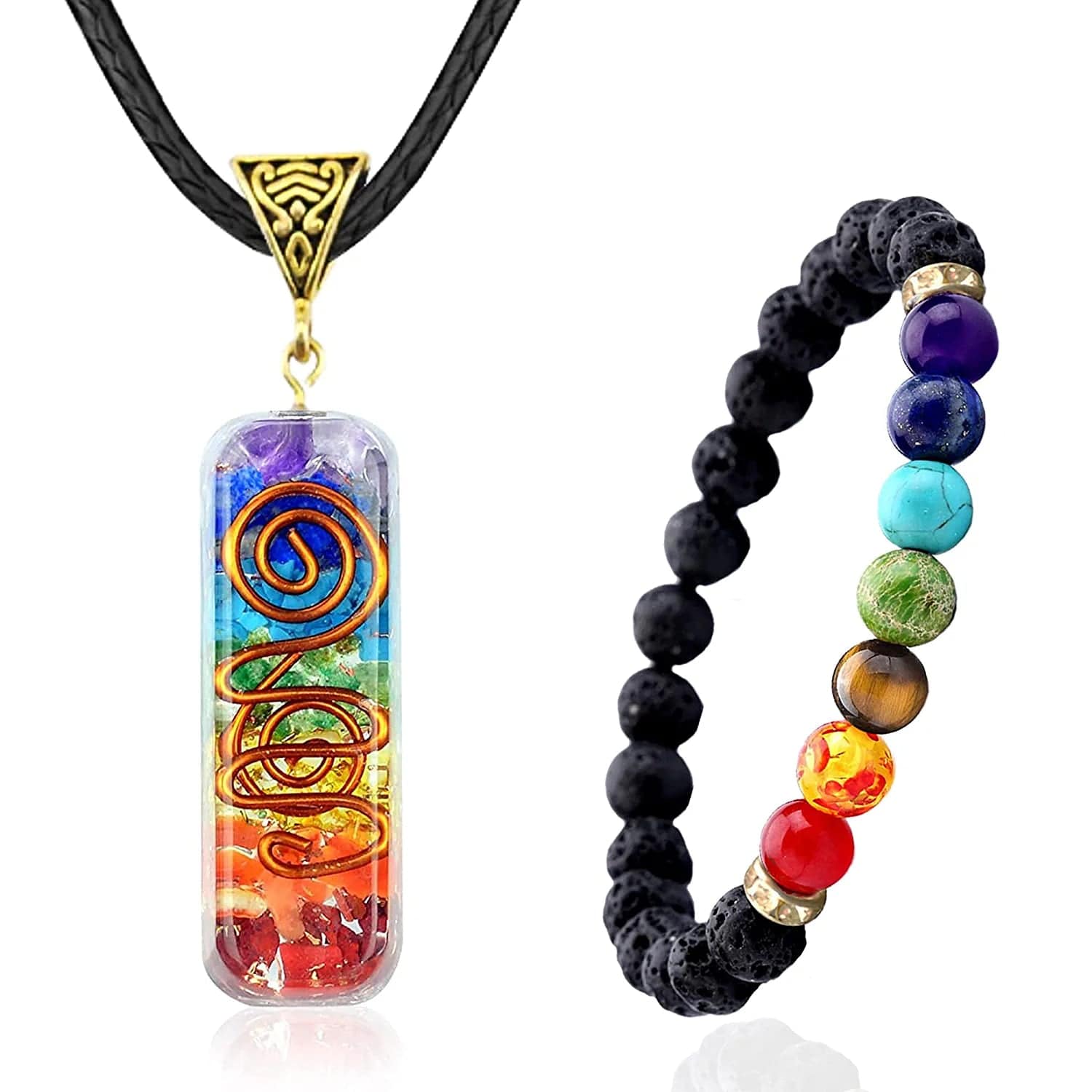 7 Chakra Necklace and Bracelet Set for Women & Men Orgone Healing Pendant with Adjustable Cord – Chakra Necklace and Bracelet Jewelry Set for Spiritual Healing