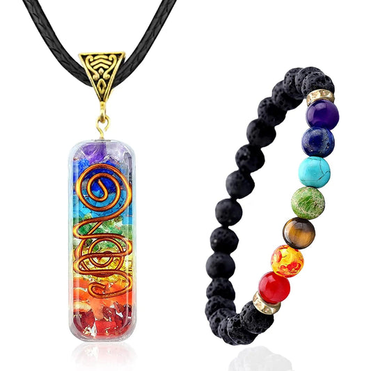 7 Chakra Necklace and Bracelet Set for Women & Men Orgone Healing Pendant with Adjustable Cord – Chakra Necklace and Bracelet Jewelry Set for Spiritual Healing