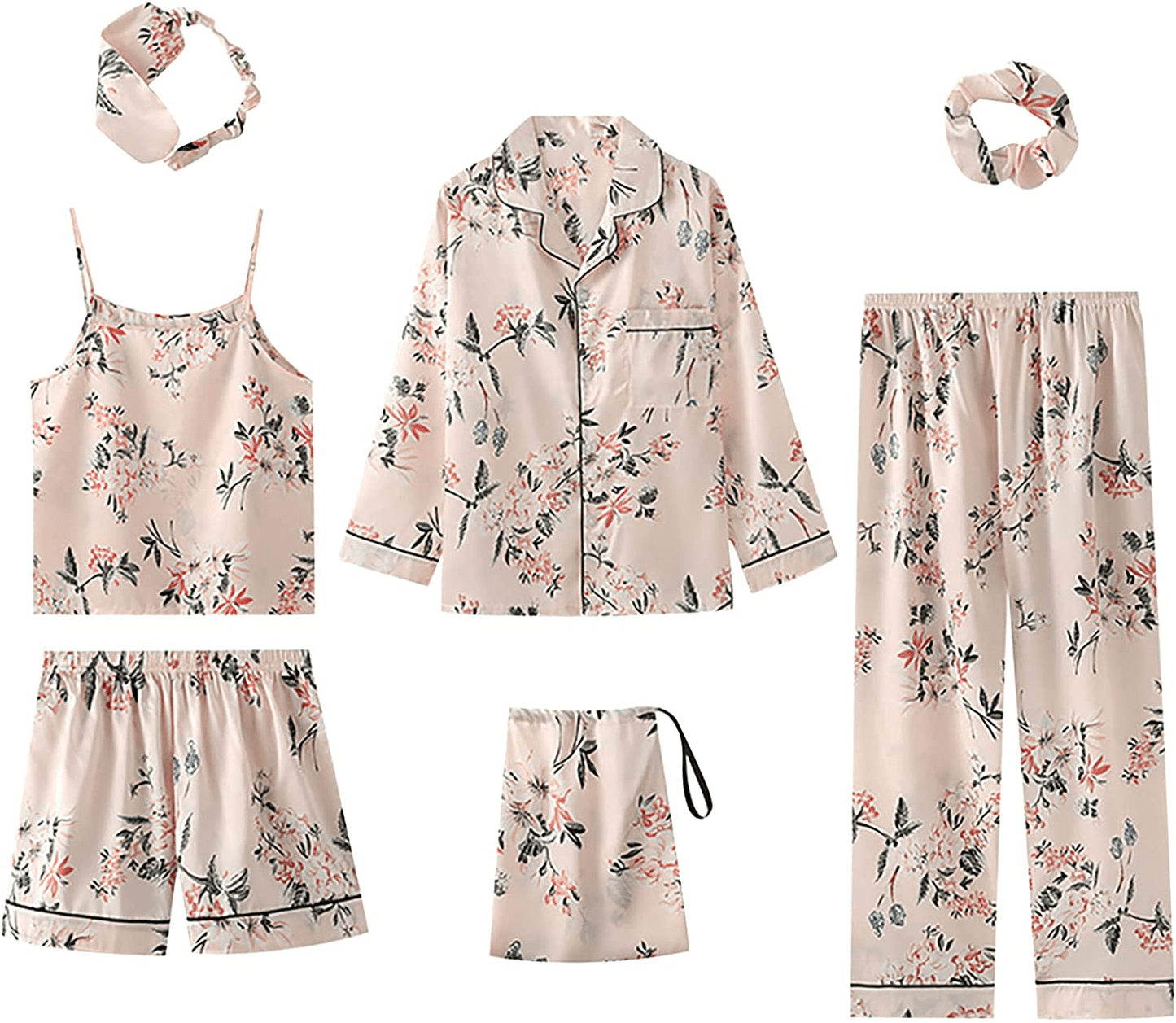 7 Pieces Women'S Pajamas Sets Silk Satin Pyjama Cami Shorts Set Sleepwear Button down Long Sleeve Shirt Loungewear Set Apparel & Accessories > Clothing > Sleepwear & Loungewear Kylie Max   