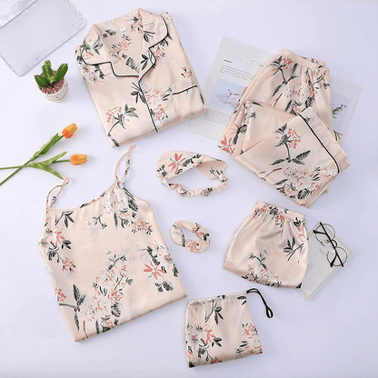7 Pieces Women'S Pajamas Sets Silk Satin Pyjama Cami Shorts Set Sleepwear Button down Long Sleeve Shirt Loungewear Set Apparel & Accessories > Clothing > Sleepwear & Loungewear Kylie Max   