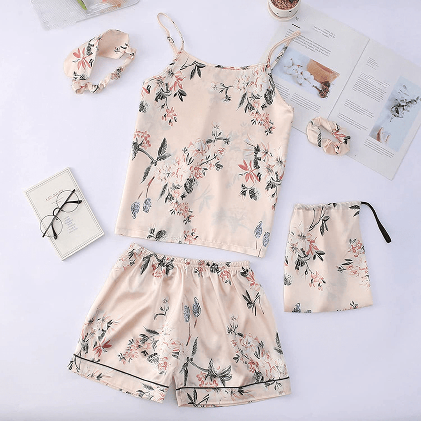 7 Pieces Women'S Pajamas Sets Silk Satin Pyjama Cami Shorts Set Sleepwear Button down Long Sleeve Shirt Loungewear Set Apparel & Accessories > Clothing > Sleepwear & Loungewear Kylie Max   