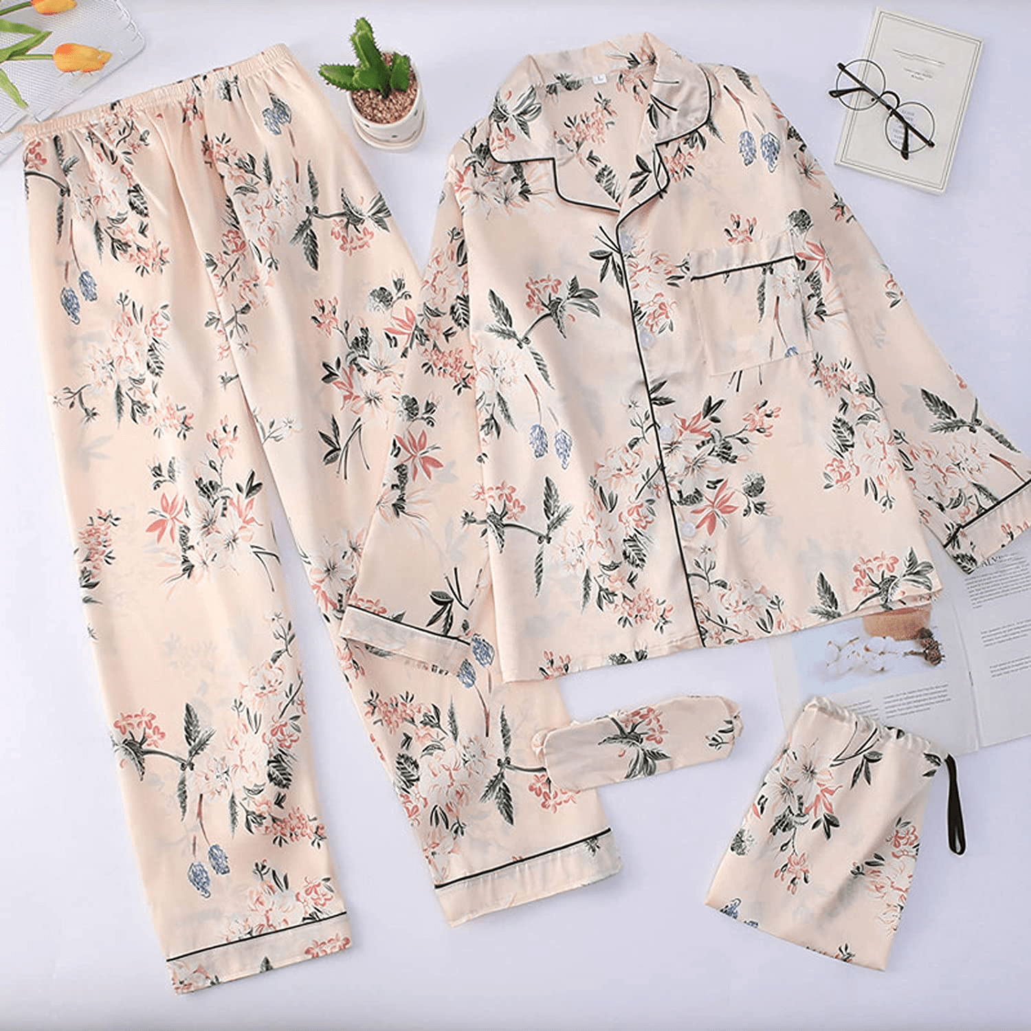7 Pieces Women'S Pajamas Sets Silk Satin Pyjama Cami Shorts Set Sleepwear Button down Long Sleeve Shirt Loungewear Set Apparel & Accessories > Clothing > Sleepwear & Loungewear Kylie Max   
