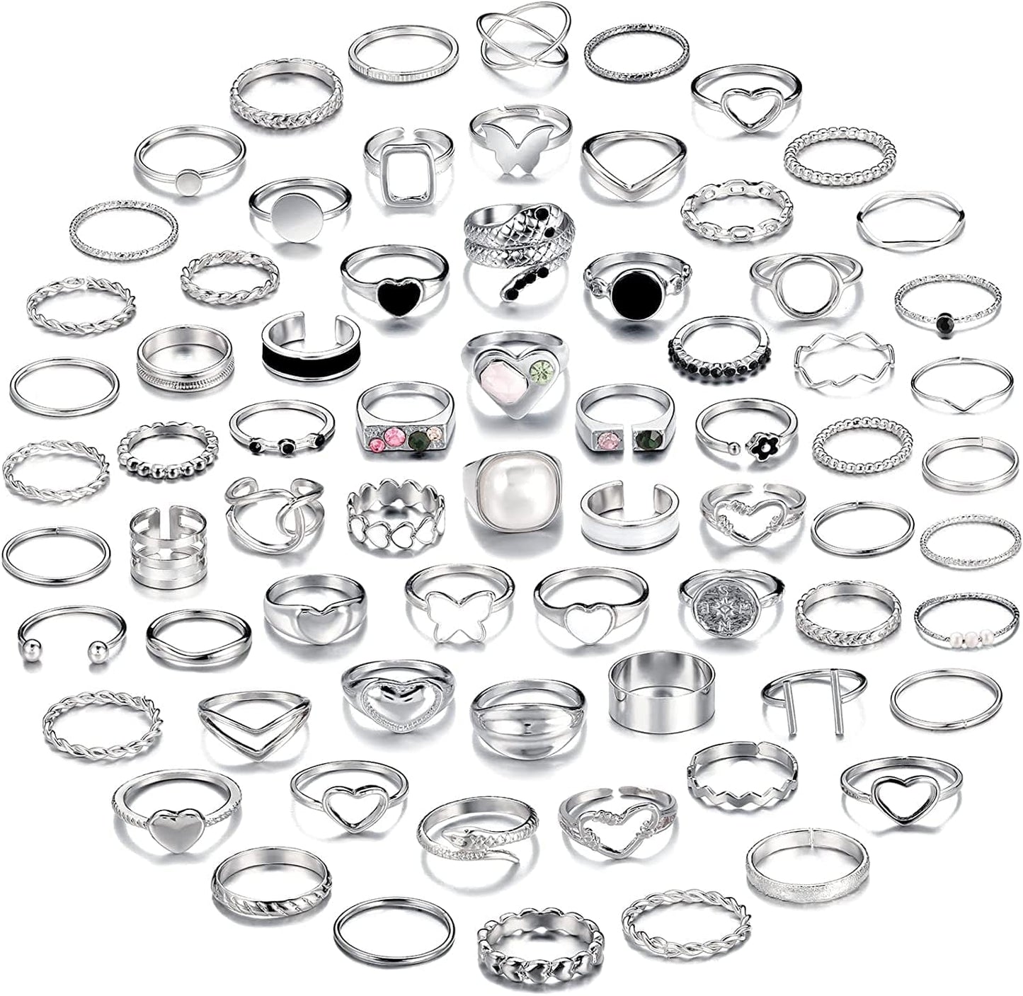 70 Pcs Vintage Gold Knuckle Rings Set for Women Girls, Boho Crystal Finger Rings Aesthetic Heart Chunky Ring, Silver Stackable Midi Rings Pack for Gift Silver-70 pcs