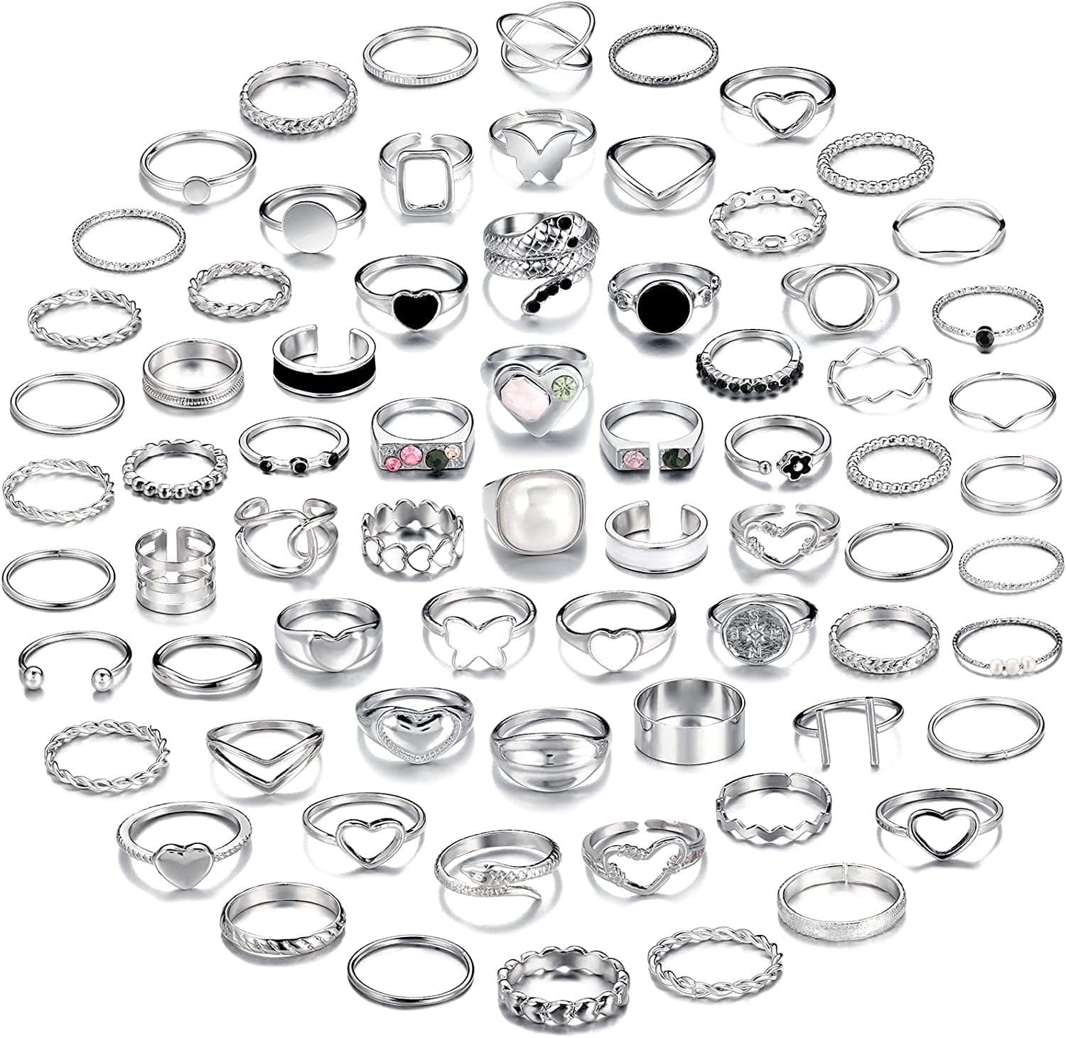 70 Pcs Vintage Gold Knuckle Rings Set for Women Girls, Boho Crystal Finger Rings Aesthetic Heart Chunky Ring, Silver Stackable Midi Rings Pack for Gift Silver-70 pcs