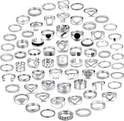70 Pcs Vintage Gold Knuckle Rings Set for Women Girls, Boho Crystal Finger Rings Aesthetic Heart Chunky Ring, Silver Stackable Midi Rings Pack for Gift Silver-70 pcs