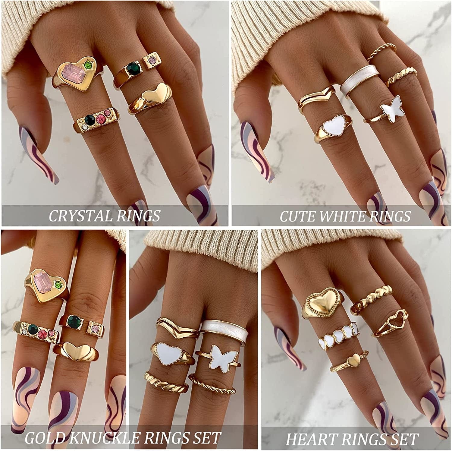 70 Pcs Vintage Gold Knuckle Rings Set for Women Girls, Boho Crystal Finger Rings Aesthetic Heart Chunky Ring, Silver Stackable Midi Rings Pack for Gift