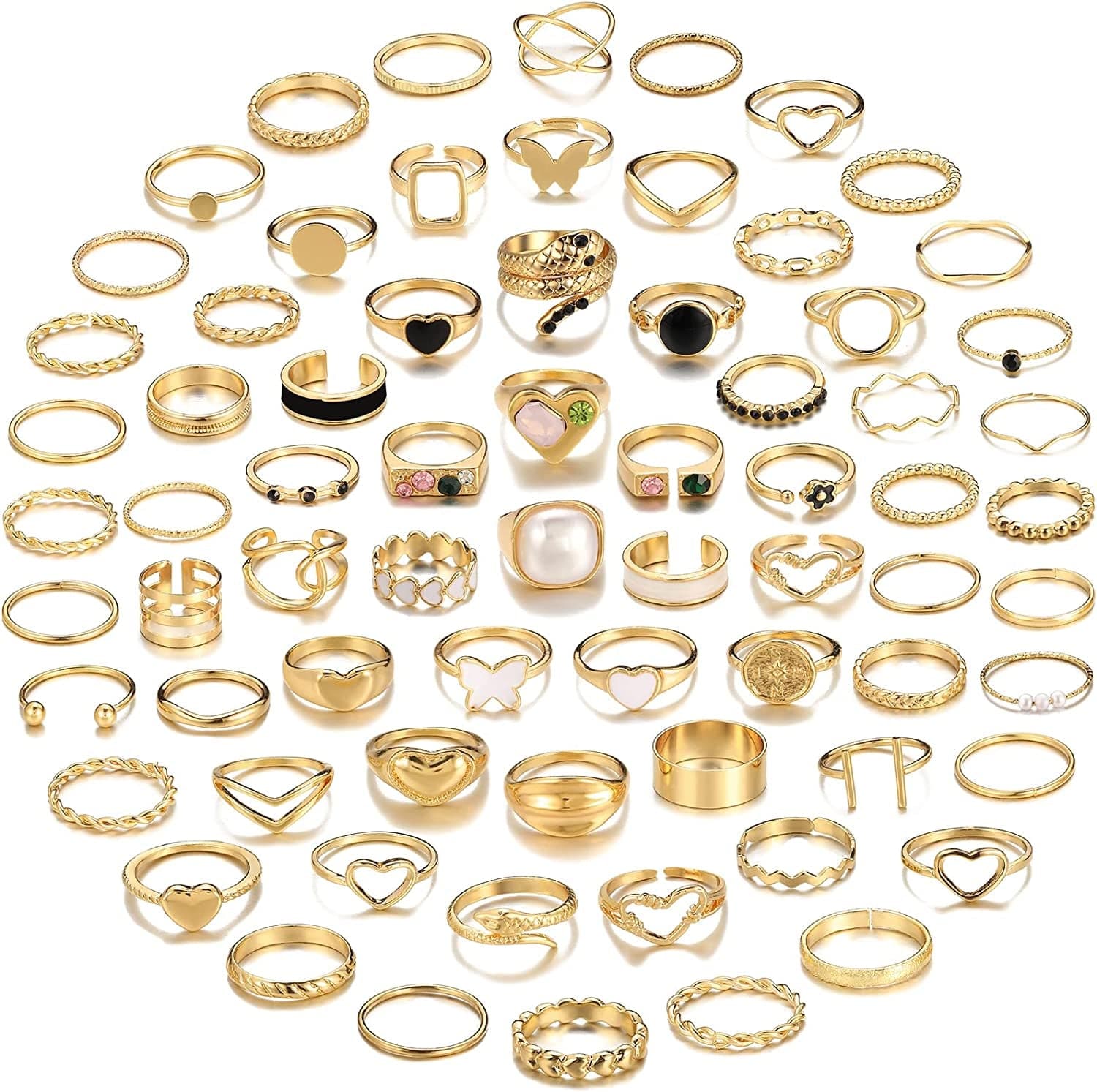 70 Pcs Vintage Gold Knuckle Rings Set for Women Girls, Boho Crystal Finger Rings Aesthetic Heart Chunky Ring, Silver Stackable Midi Rings Pack for Gift Gold-70 pcs