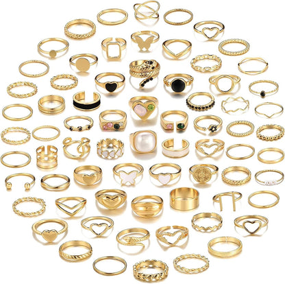 70 Pcs Vintage Gold Knuckle Rings Set for Women Girls, Boho Crystal Finger Rings Aesthetic Heart Chunky Ring, Silver Stackable Midi Rings Pack for Gift Gold-70 pcs