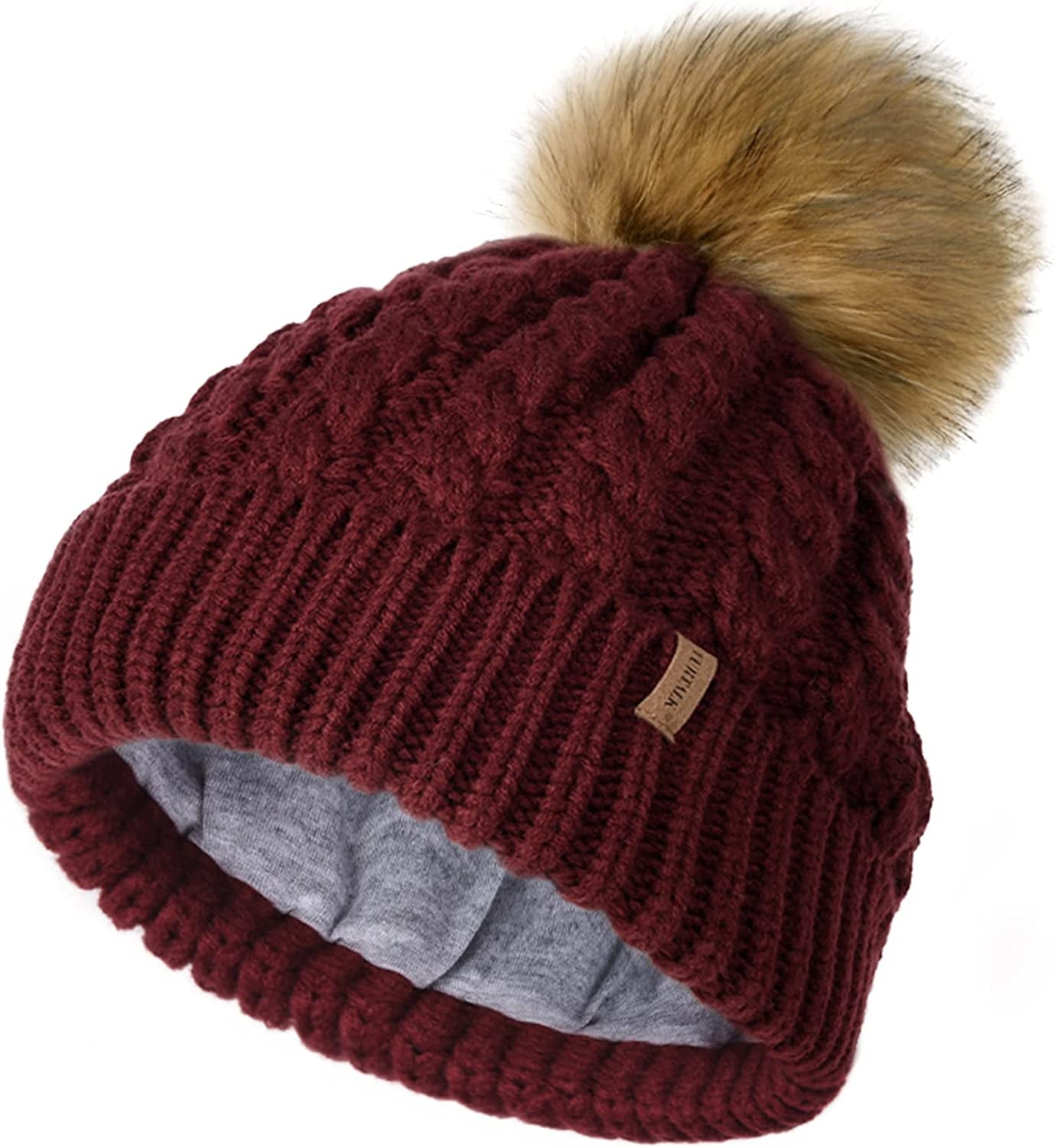 FURTALK Winter Beanie Hat for Women Cotton Lined Faux Fur Pom Pom Hats Womens Warm Thick Knit Skull Cap Apparel & Accessories > Clothing Accessories > Hats KYLIE MAX Medium Wine Red One Size 