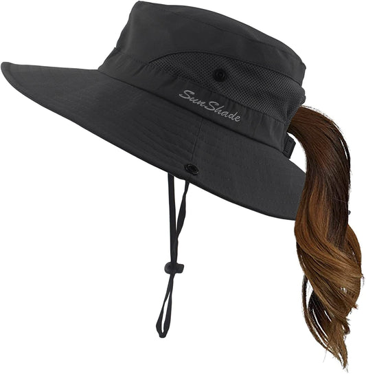Mukeyo Womens Summer Sun Hat Wide Brim Outdoor UV Protection Hat Foldable Ponytail Bucket Cap for Beach Fishing Hiking Apparel & Accessories > Clothing Accessories > Hats Mukeyo Black  