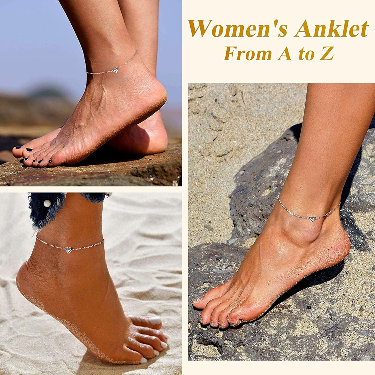 Suplight 925 Sterling Silver A-Z Initial Heart Anklets, Dainty Ankle Bracelets Beach Jewelry for Women Girls (With Gift Box) Apparel & Accessories > Jewelry > Anklets Suplight Jewelry   