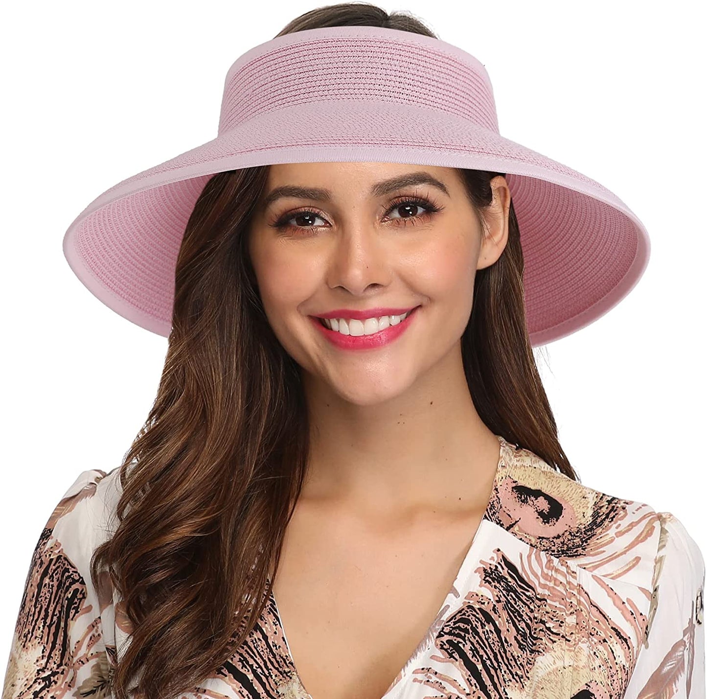 Lanzom Women Packable Hat Sun Visor Hats Wide Brim Straw Roll up Ponytail Summer Beach Hat UPF 50 Apparel & Accessories > Clothing Accessories > Hats Lanzom Pink One Size 