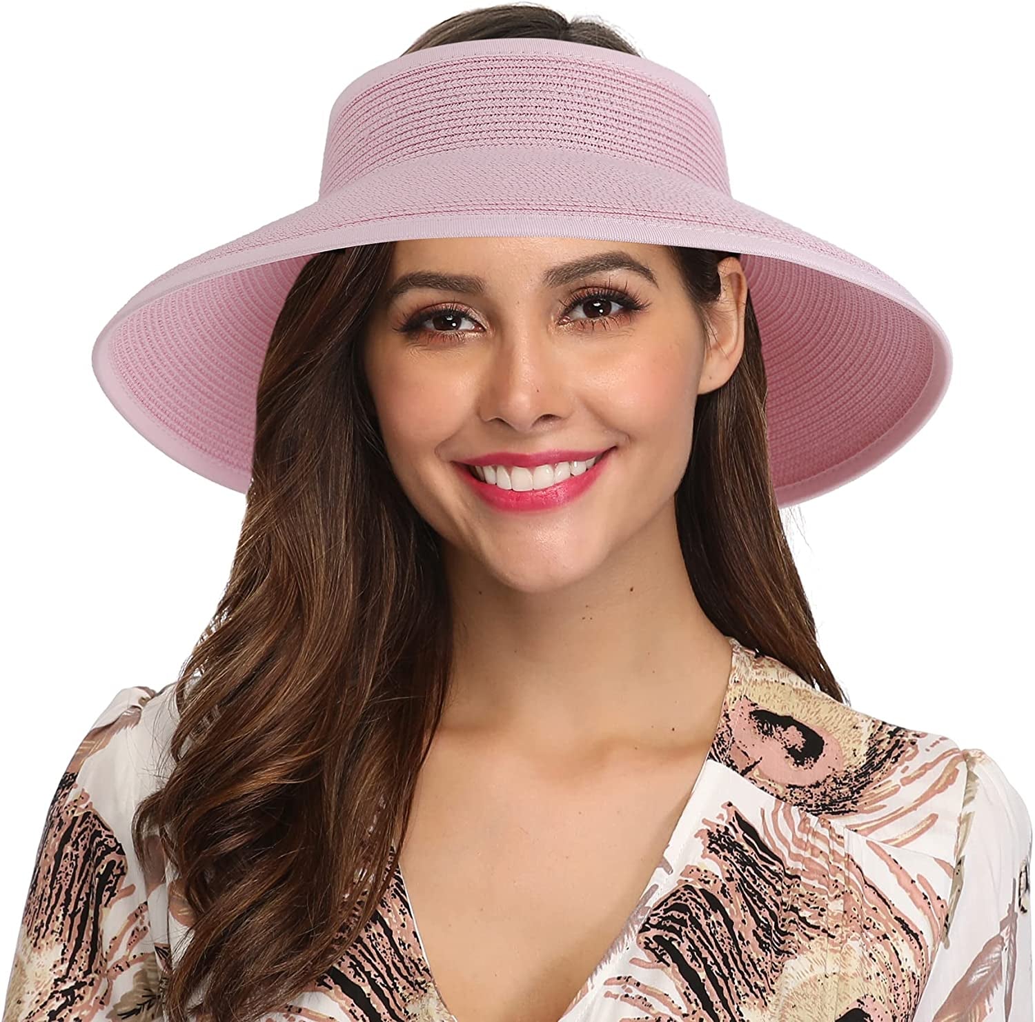Lanzom Women Packable Hat Sun Visor Hats Wide Brim Straw Roll up Ponytail Summer Beach Hat UPF 50 Apparel & Accessories > Clothing Accessories > Hats Lanzom Pink One Size 